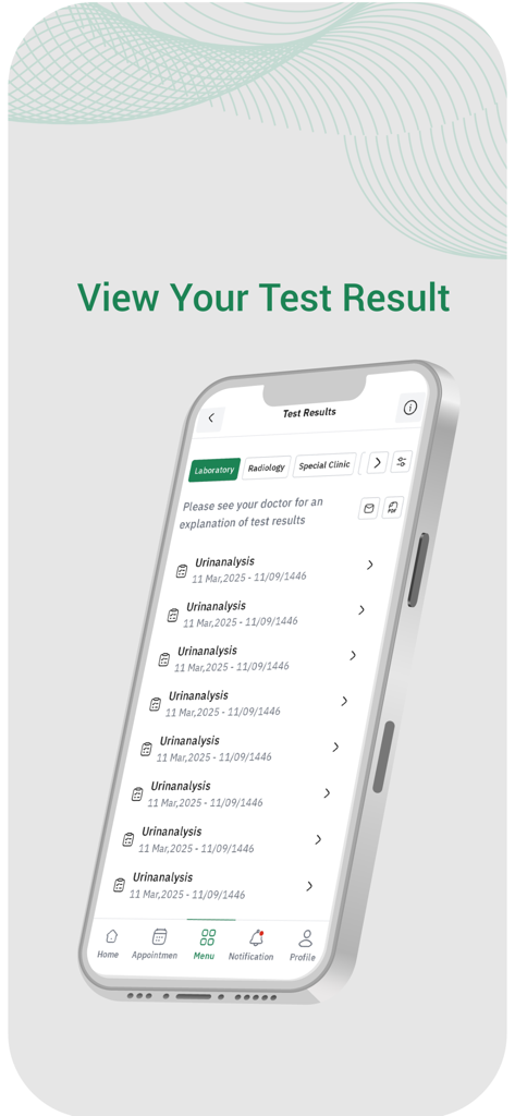 Smartphone affichant les résultats des tests de laboratoire dans l'application médicale Malafi.