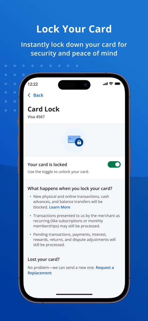 Interface of the Credit One Bank Mobile app showing the toggle to lock a credit card for security