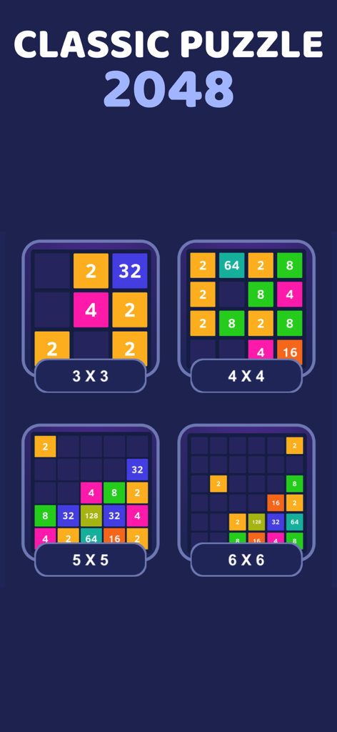 No WiFi Games - Offline Games - Classic 2048 puzzle game screen showing different grid sizes from 3x3 to 6x6