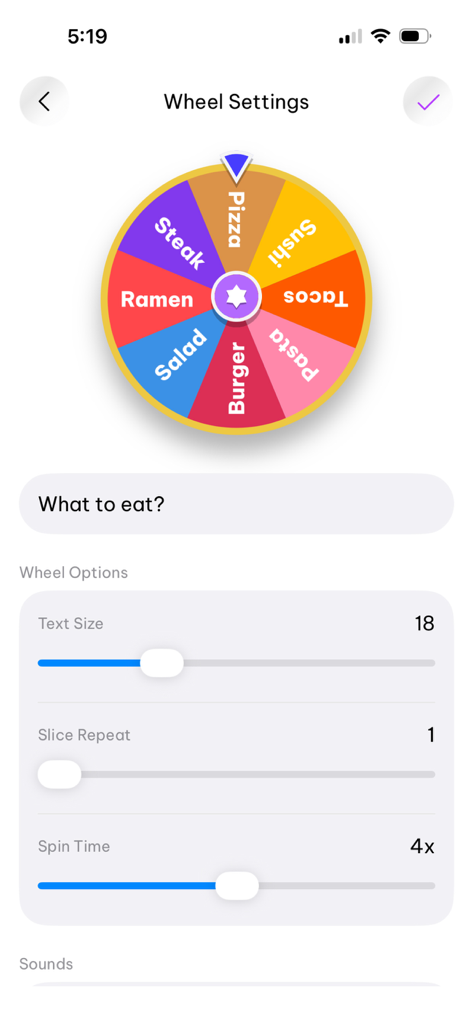 Decision - Spin Wheel - The wheel settings screen of the Decision Spin Wheel app showing food options like pizza and sushi with customization sliders