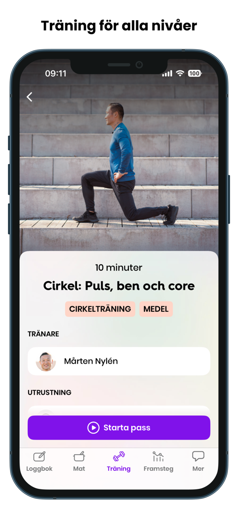 Wellobe - Wellobe mobile app displaying a ten minute circuit training session for cardio and core led by a professional trainer