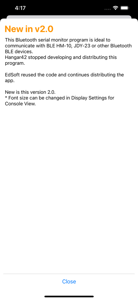 BLESerial HM-10 - Release notes screen for BLESerial HM-10 version 2.0 update.
