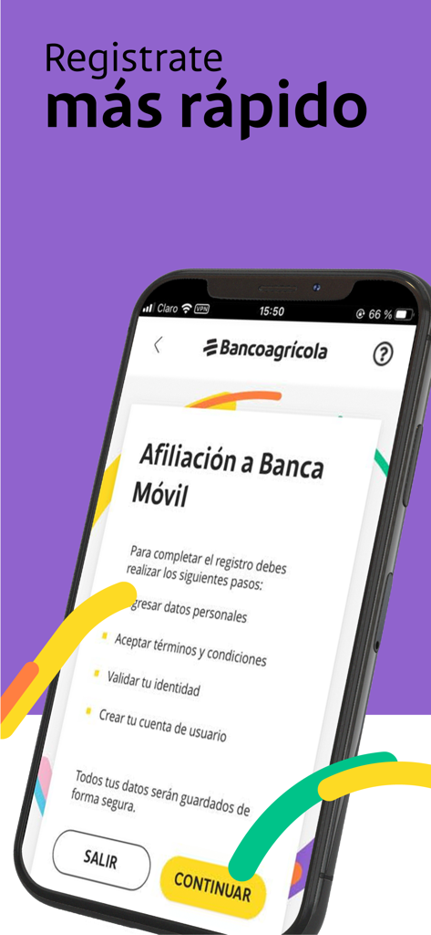 Pantalla de registro de la aplicación Bancoagrícola mostrando los pasos para inscribirse en la banca móvil