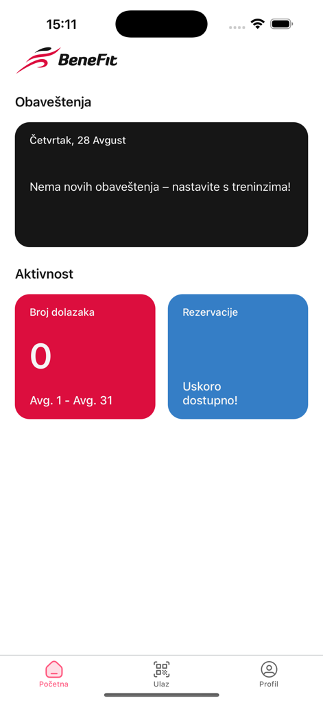 Schermata principale dell'app mobile BeneFit plus che mostra il conteggio delle visite in palestra e le funzionalità di accesso