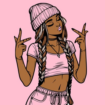 realistic teenage girl with braids and a beanie and crop top doing 🫶🏼