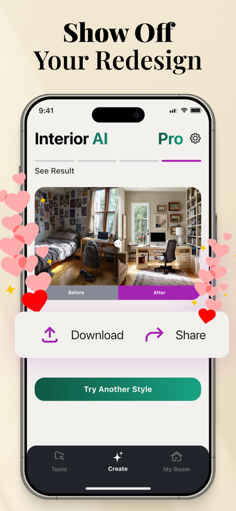 AI Home: Interior AI Design - Before and after room redesign comparison in the AI Home app interface