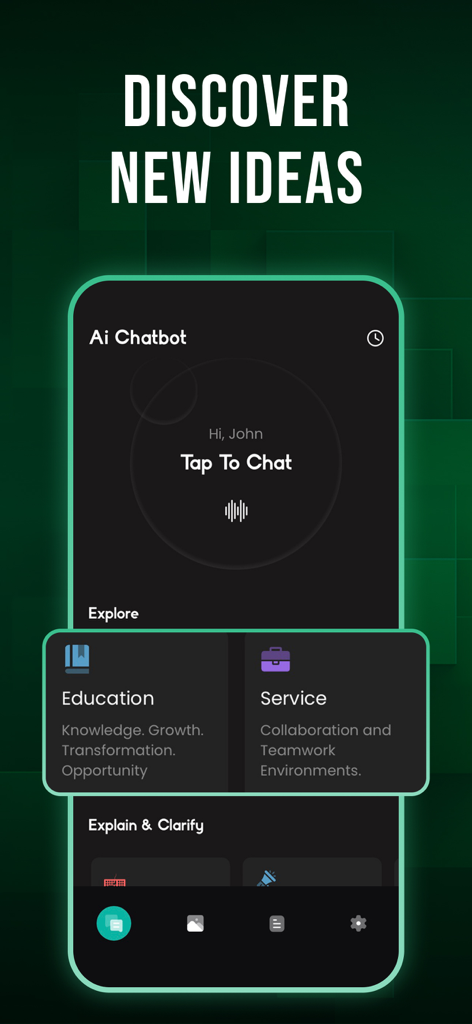Tela do aplicativo móvel Pergunte-me Qualquer Coisa mostrando a interface do chatbot de IA com toque para conversar e explorar categorias como educação e serviços
