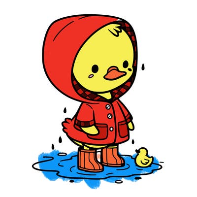 baby duck in a rain coat and boots, in a puddle while it’s raining