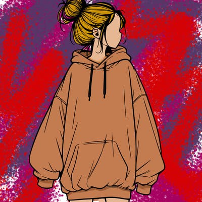 realistic girl with a oversized sweatshirt on and a bun