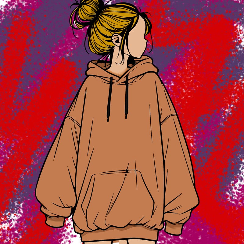 realistic girl with a oversized sweatshirt on and a bun
