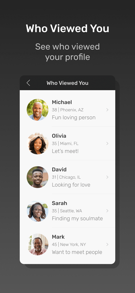 Black Christian Soulmates App - Una lista de perfiles de usuario que vieron tu perfil en la aplicación de citas Black Christian Soulmates