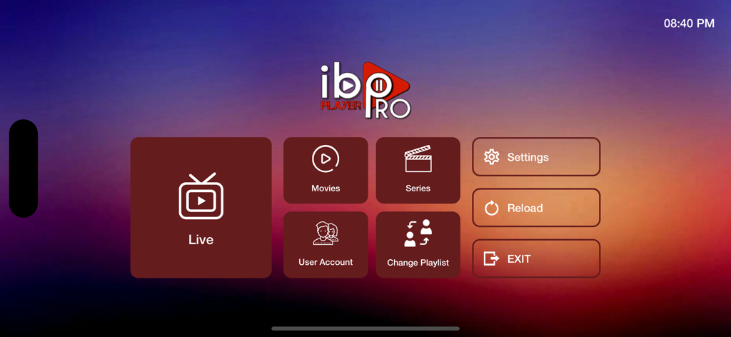 ibo Pro Player - Haupt-Dashboard der ibo Pro Player App, das Live-TV- und Filmkategorien anzeigt