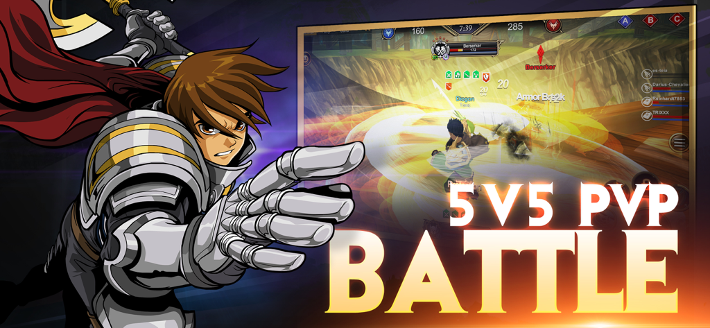 A knight in silver armor showcasing a 5v5 PvP battle scene in AdventureQuest 3D