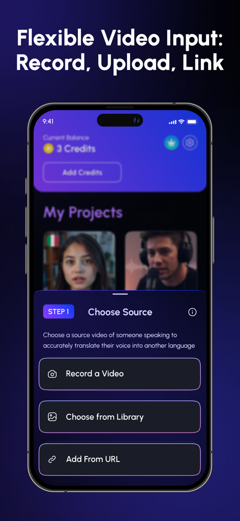 Dub AI – Video Translator App - Interface de smartphone mostrando opções para gravar um vídeo, escolher da biblioteca ou adicionar por URL para tradução de IA.
