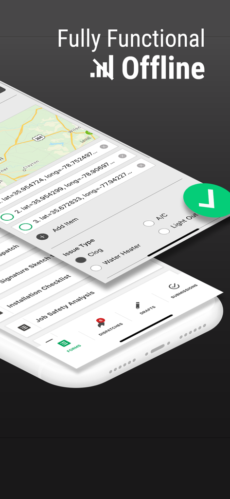Pantalla de smartphone que muestra formularios móviles de Device Magic con un mapa y funcionalidad sin conexión resaltada.