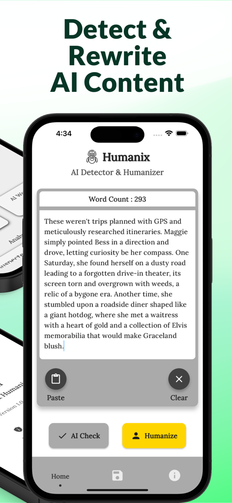 Una captura de pantalla de la interfaz de la aplicación Detector y Humanizador de IA Pro que muestra una pantalla de análisis de texto con botones AI Check y Humanize.