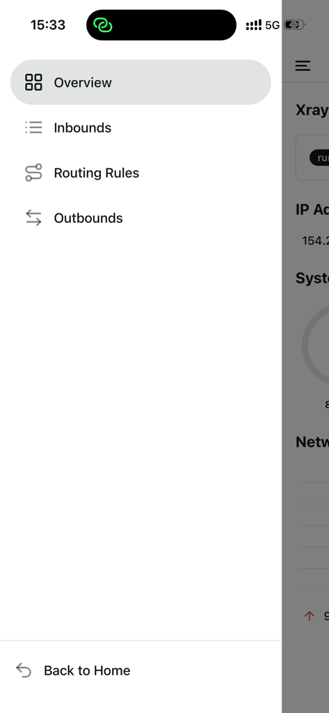 RayBoxUI - Side navigation menu of RayBoxUI app showing server management categories like routing rules and inbounds