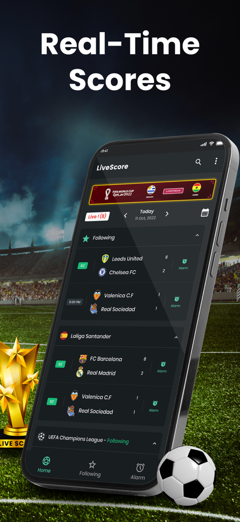 Football Scoreboard Live Score - Smartphone displaying live soccer scores and match schedules on a stadium background