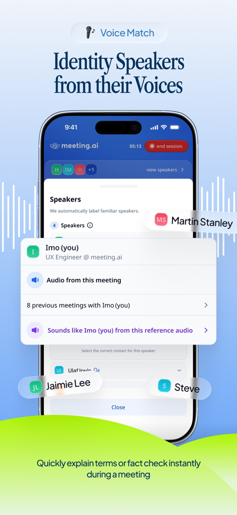 Meeting.ai app interface showing the voice match feature to identify and label speakers in a meeting