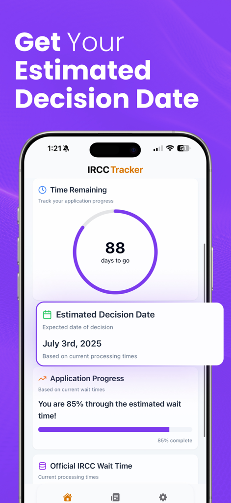 Canadian Immigration Tracker - Screenshot of the Canadian Immigration Tracker app showing an estimated decision date countdown and application progress bar.