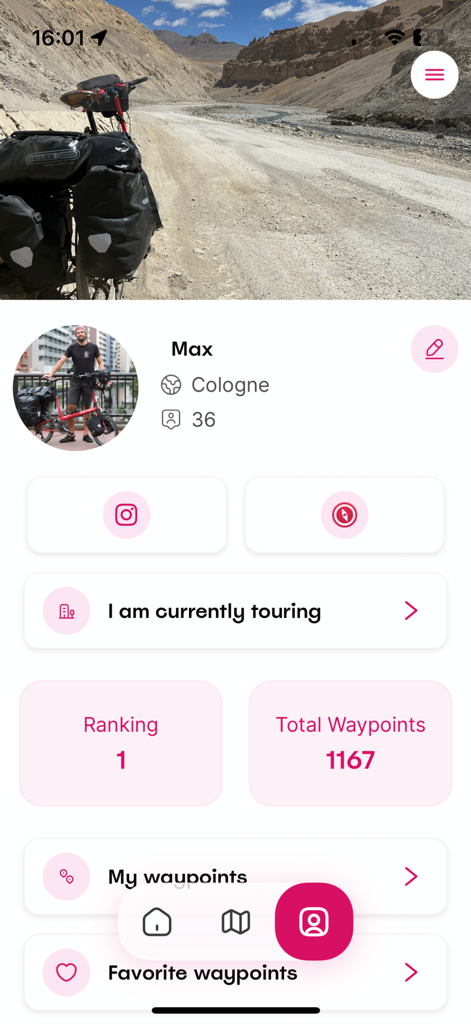 Rolling Around - User profile screen of the Rolling Around app showing cyclist stats and touring status
