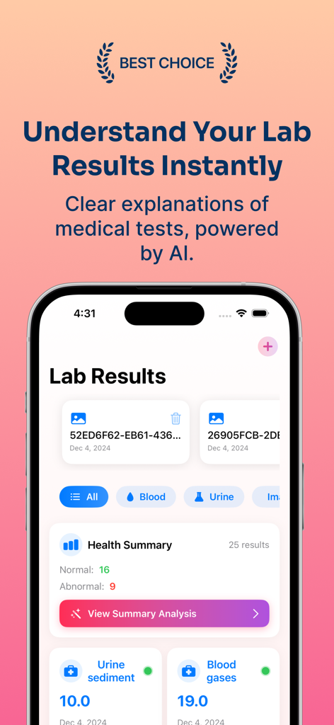 AI Lab Results Analyzer - AI Lab Results Analyzer app interface showing a health summary dashboard with normal and abnormal test results highlighted