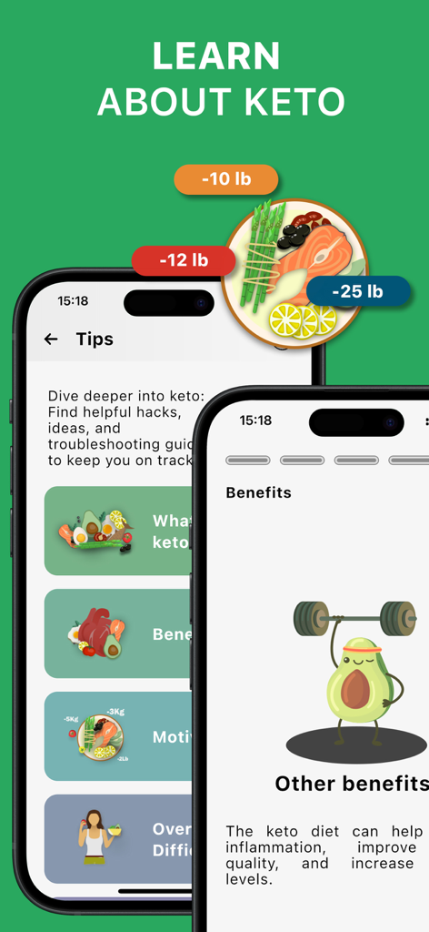 Keto Diet Tracker-Carb Counter - Mobile app screens showing keto diet tips, health benefits, and weight loss progress with an avocado illustration.