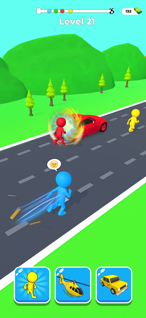 Shape Transform Shifting Games - Characters racing on a road in Shape Transform Shifting Games with transformation buttons at the bottom