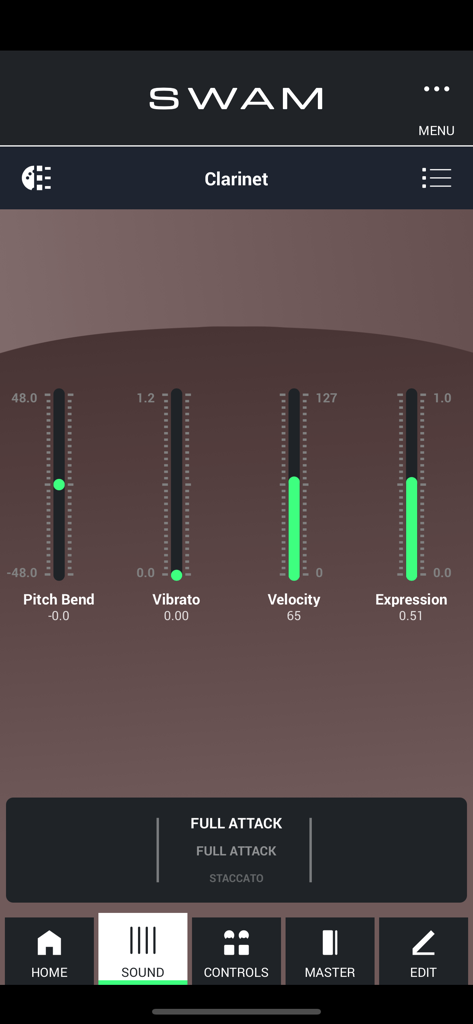 SWAM Clarinet - SWAM Clarinet iOS app showing sound control sliders for pitch bend vibrato velocity and expression