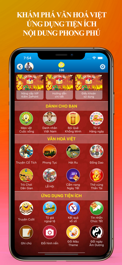 Mobile app interface of Lịch Vạn Niên 2026 showing various Vietnamese cultural and utility icons