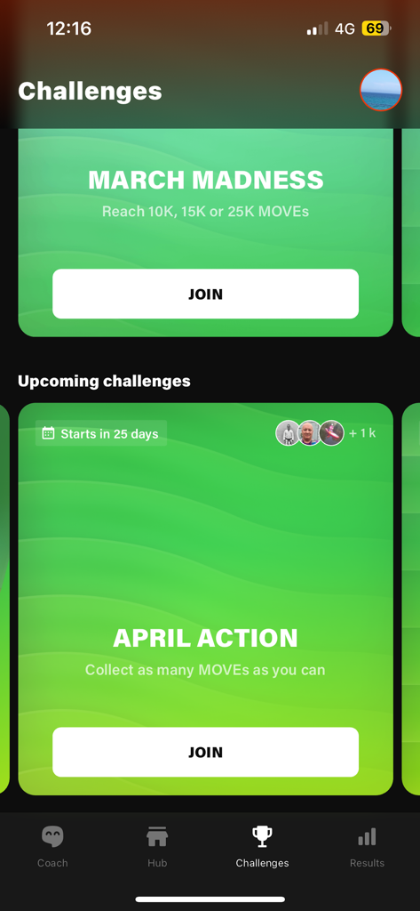 Function Well - Function Well app interface showing available fitness challenges such as March Madness and April Action with buttons to join
