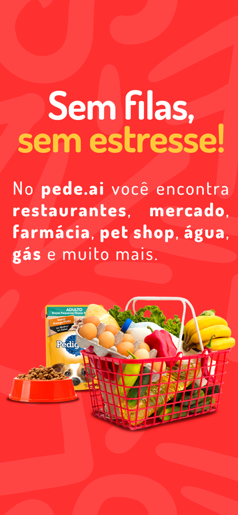 Pede.ai 배달 앱을 위한 식료품 및 애완동물 사료가 담긴 빨간색 쇼핑 바구니