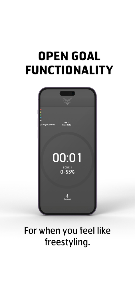 MOWL: Intelligent Training - MOWL app screen showing open goal functionality for freestyle indoor cycling with timer and intensity zones