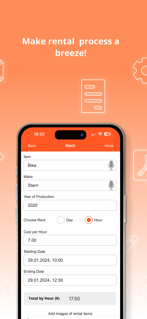 Rental Business Management App - A mobile app screen showing a rental entry form for a bike with hourly cost calculation