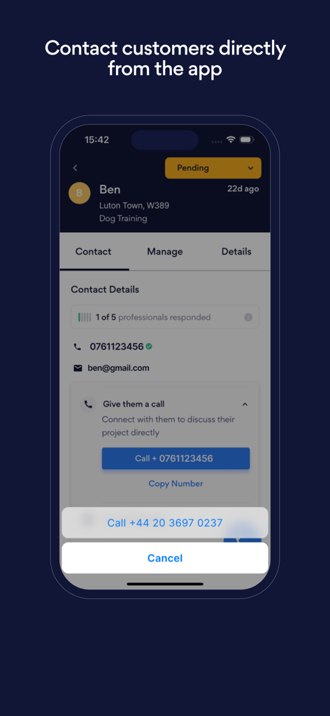 プロフェッショナル向けBarkアプリのスマートフォン画面に、顧客リードの詳細と直接通話ボタンが表示されている様子。