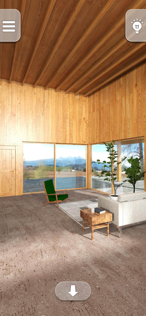 Sala de estar moderna de madera con vistas a la montaña en el juego de escape WoodHouse