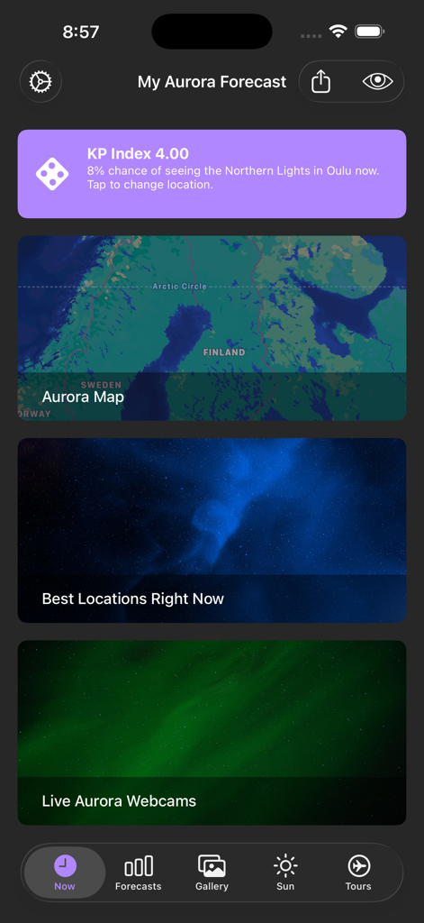 My Aurora Forecast Pro dashboard showing KP index and aurora map