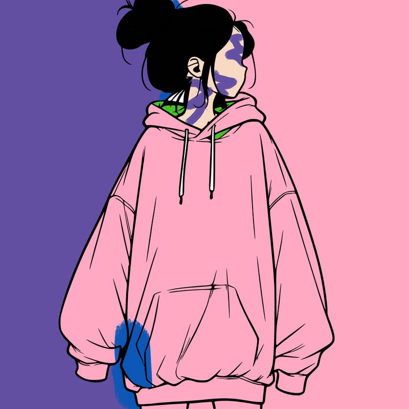 realistic girl with a oversized sweatshirt on and a bun