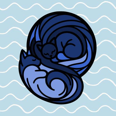 abstract art designed cat curled in a ball seeing reflection of itself