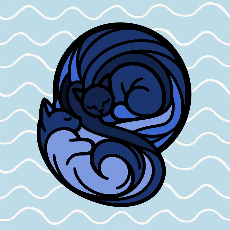 abstract art designed cat curled in a ball seeing reflection of itself