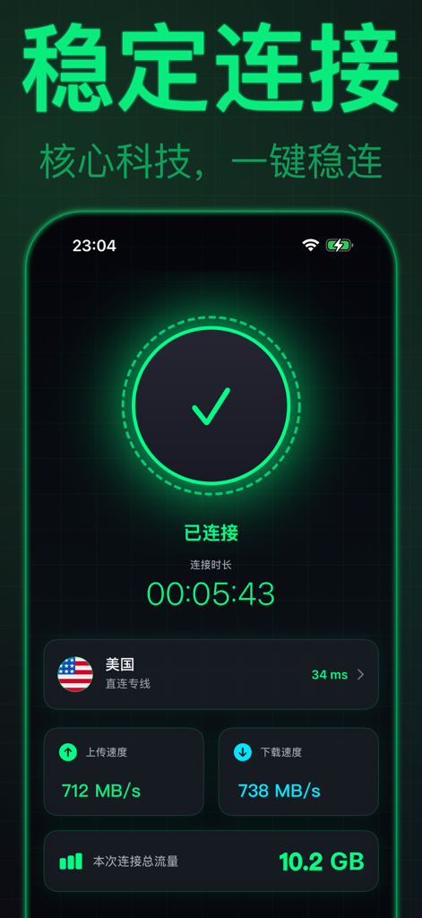 Fly Shark VPN App-Oberfläche, die eine erfolgreiche Verbindung zu einem US-Server mit hoher Geschwindigkeit und niedrigen Latenzwerten zeigt.
