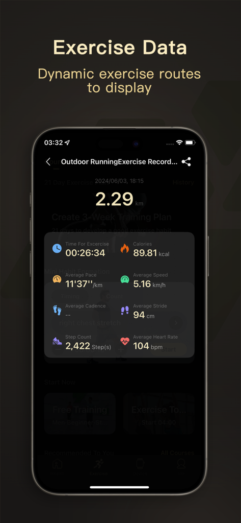 WearJoy workout screen showing outdoor running distance and calories