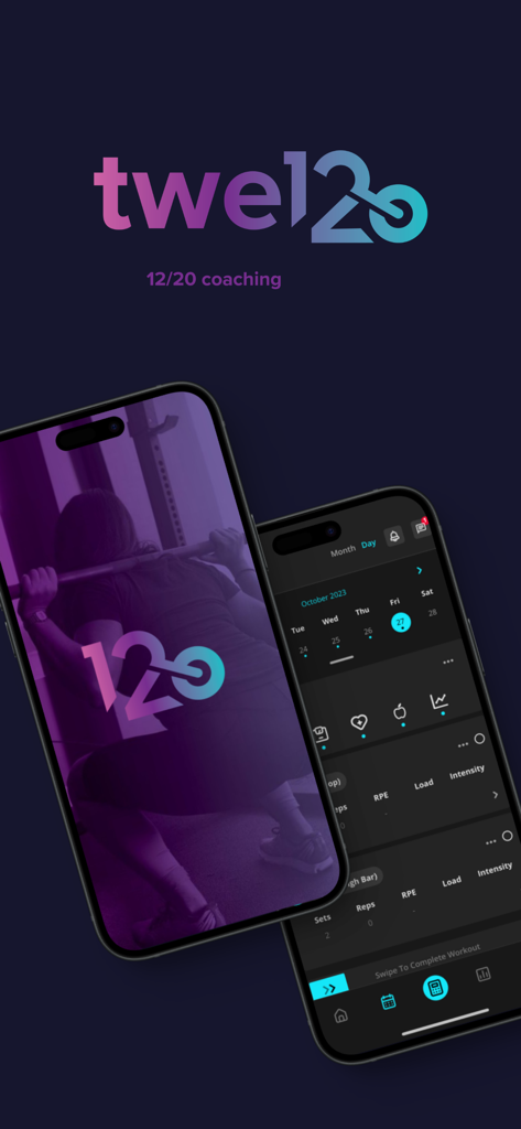 Twelve20 Coaching App - Two iPhones displaying the Twelve20 Coaching App workout tracking interface and training calendar
