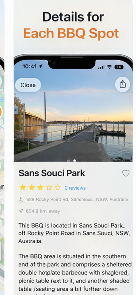 Grill Seeker - Screenshot of the Grill Seeker app showing detailed information for a BBQ spot at Sans Souci Park including location, facilities, and a site photo.