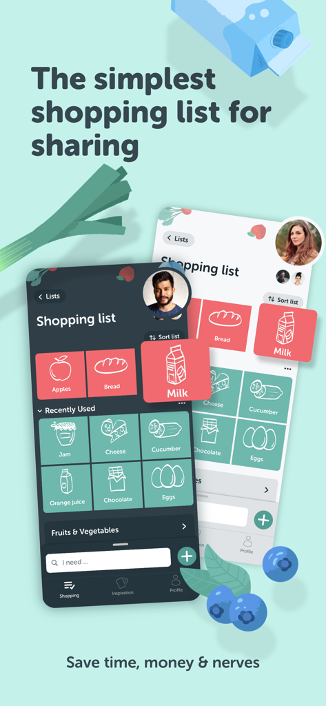 Interfaz de la app Bring lista de la compra que muestra listas compartidas y vista de fichas para una fácil organización