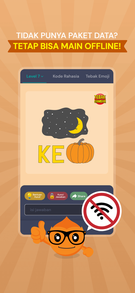 Tebak Gambar - Captura de pantalla de la aplicación Tebak Gambar que muestra un puzzle visual de 'rebus' y un mensaje sobre jugar sin conexión sin datos.