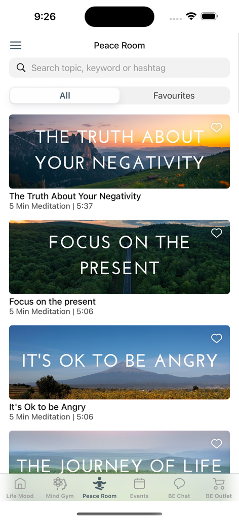 BE by Befitment - BE by Befitment app Peace Room screen displaying various guided meditation sessions