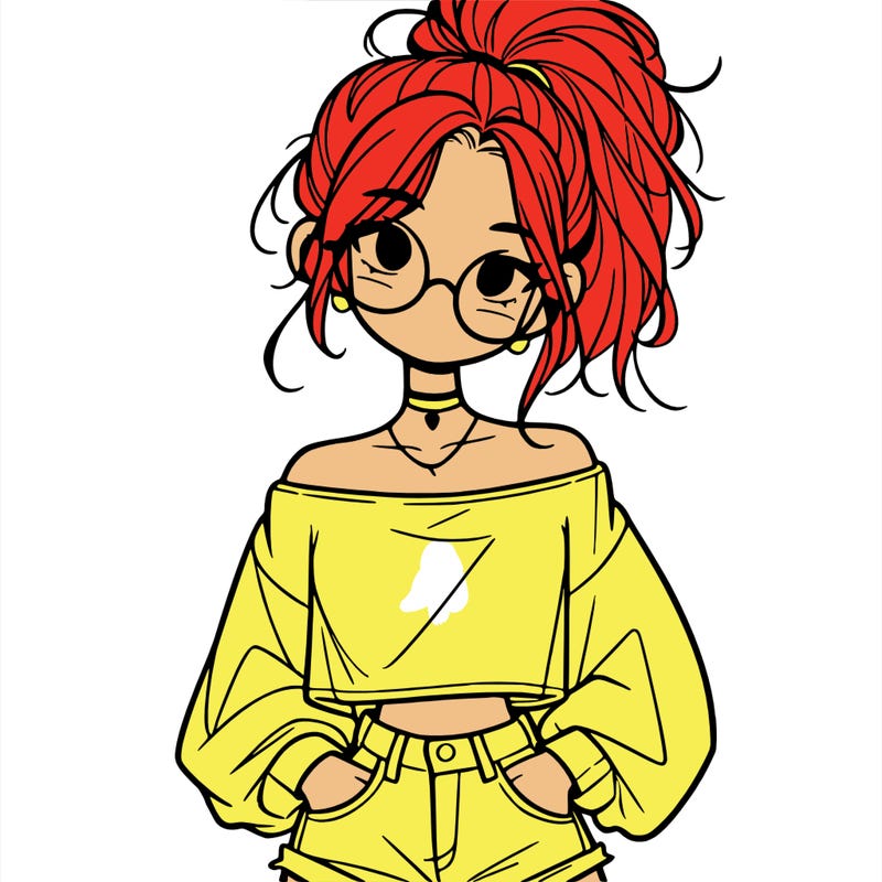 girl with a messy ponytail glasses a baggy crop top and jean shorts