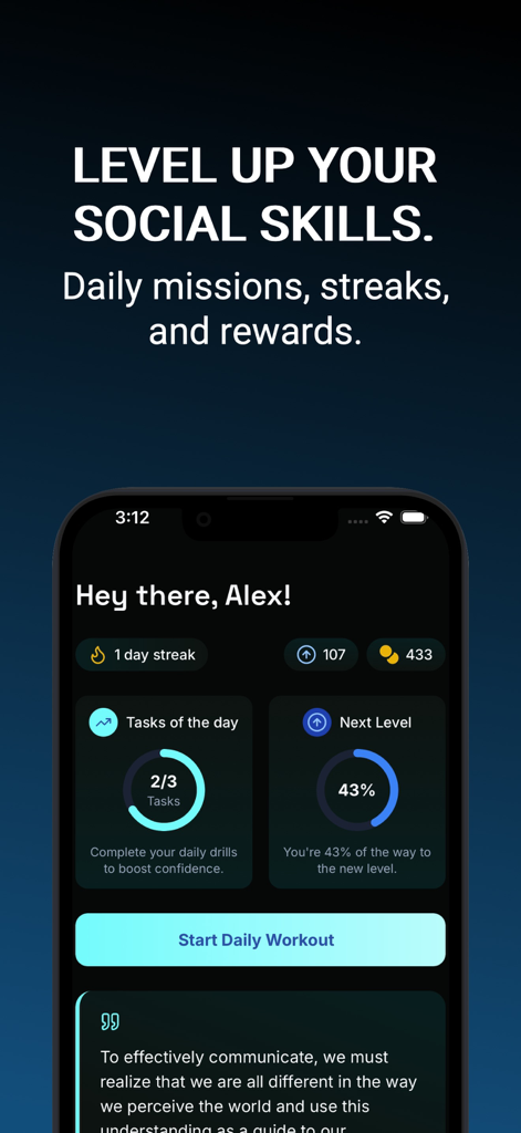 FlirtUp AI Dating Coach & Rizz - FlirtUp AI app interface showing daily social skill missions and progress tracking