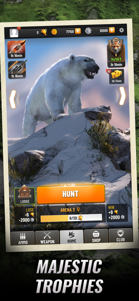 Home screen of Trophy Hunter mobile game featuring a polar bear in a snowy environment with a prominent Hunt button.